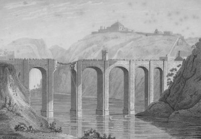 bridging the broken span of Trajan’s Bridge at Alcantara - lithograph