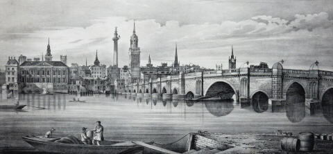 A View of the West side of London Bridge in 1823, after the removal of the waterworks, from a drawing by Major G Yates