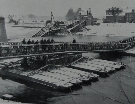 photo of Bristol Bridge, a Class 40 bailey pontoon bridge over the River Meuse at Maeseyck, built to support the 12 Corps offensive in 1945