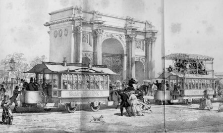 Illustration of one of Train’s trams at Marble Arch